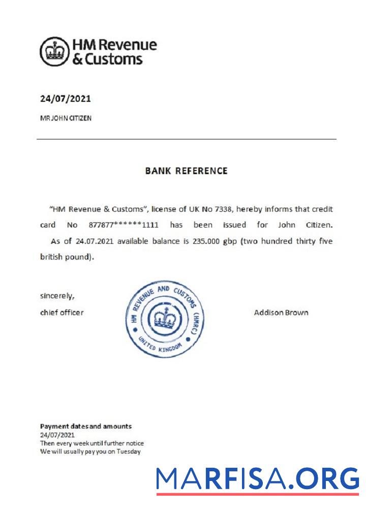 Printable United Kingdom HM Revenue & Customs reference real example